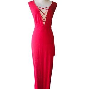 Nwt Plus Size Women's 2XL Curvy Sense Extreme Plunge & High Slit Red Dress